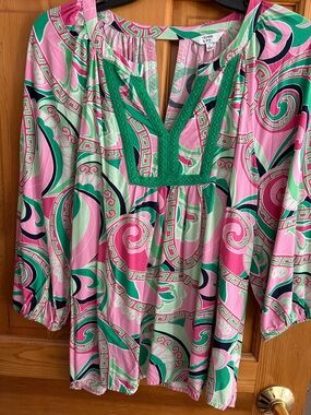 crown & ivy Pink and Green Printed Peasant Blouse